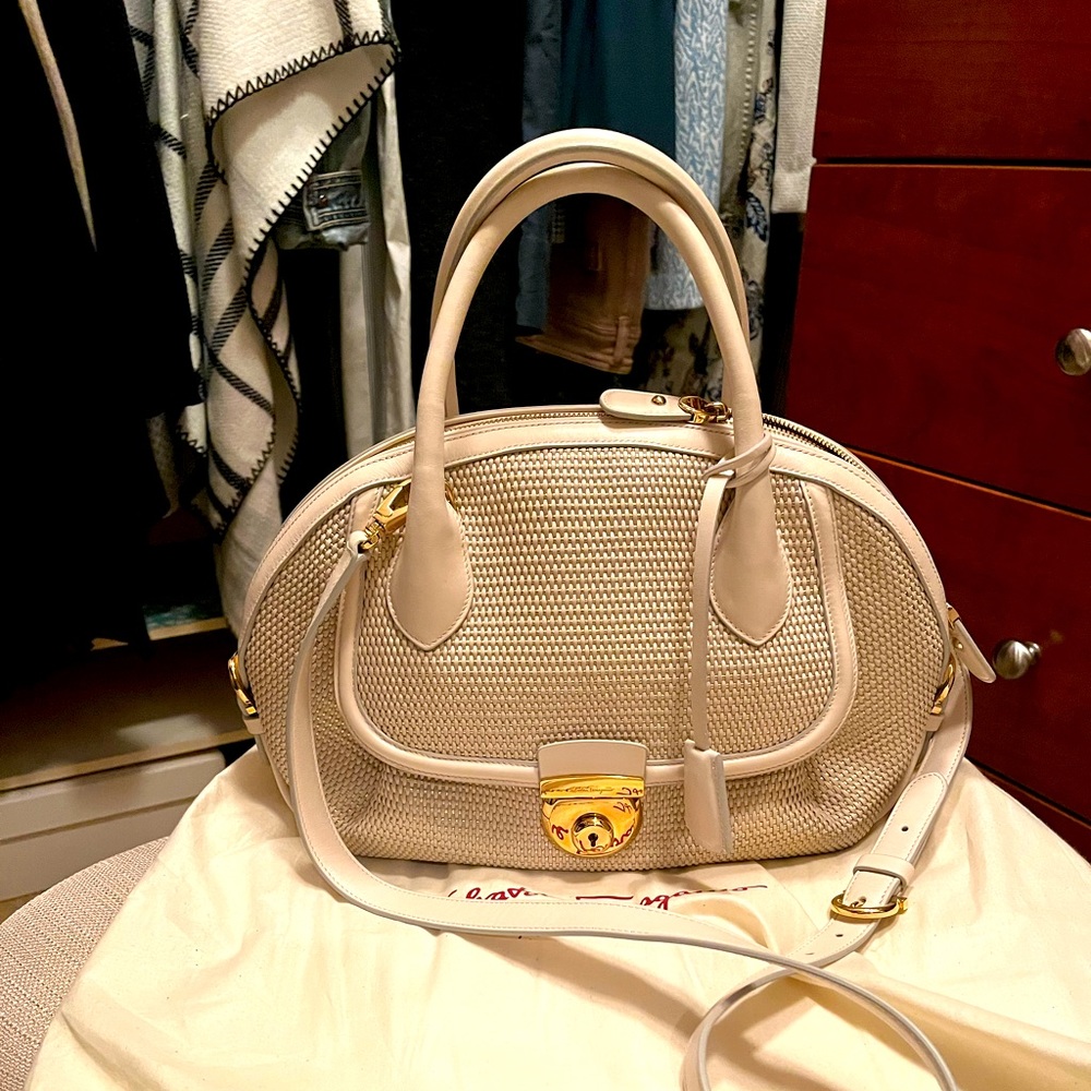 Ferragamo Fiamma ivory and gold woven satchel, like new condition